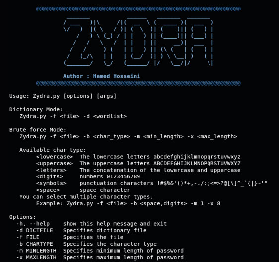 Zydra: File Password Recovery Tool and Linux Shadow File Cracker - Help Screen