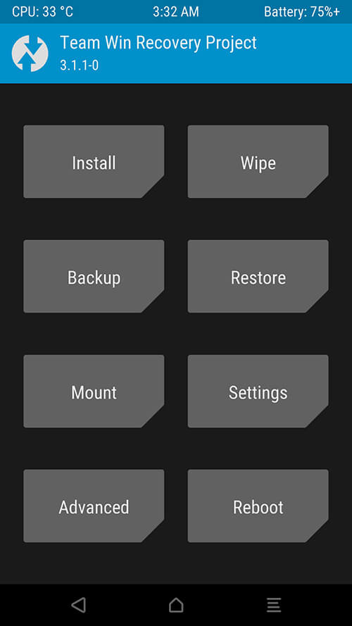 Root Android Phone: TWRP Home Screen